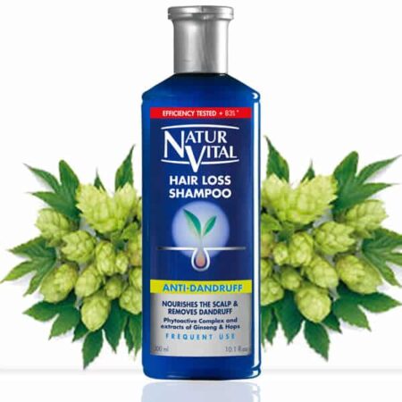 - Hair loss Shampoo Anti Dandruff - Hair Loss Shampoos - NaturVital Hair Care Products. NaturesWell UK - Ireland - The presence of hops extract helps eliminate dandruff of the scalp.A safe and gentle way to clean Dandruff free hair. The formula contains a complex obtained from seeds phytoactive Wheat, Soybean and Ginseng extract, which provides energy to the hair bulb and nutrients needed to strengthen the hair growth. Hair loss effectivness 83%.
