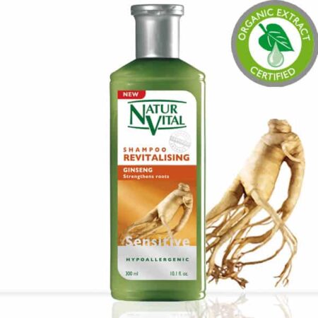 Sensitive Revitalising Shampoo - NaturVital Hair Care Products. NaturesWell UK - Ireland - Hypoallergenic shampoo with extracts of Ginkgo and Ginseng extracts. It is a perfect daily supplement for cleaning and care of your hair, giving it more strength and endurance. Contains no dyes, silicones, parabens preservatives or mineral oils. Bio Extract Certified. SUITABLE FOR VEGANS